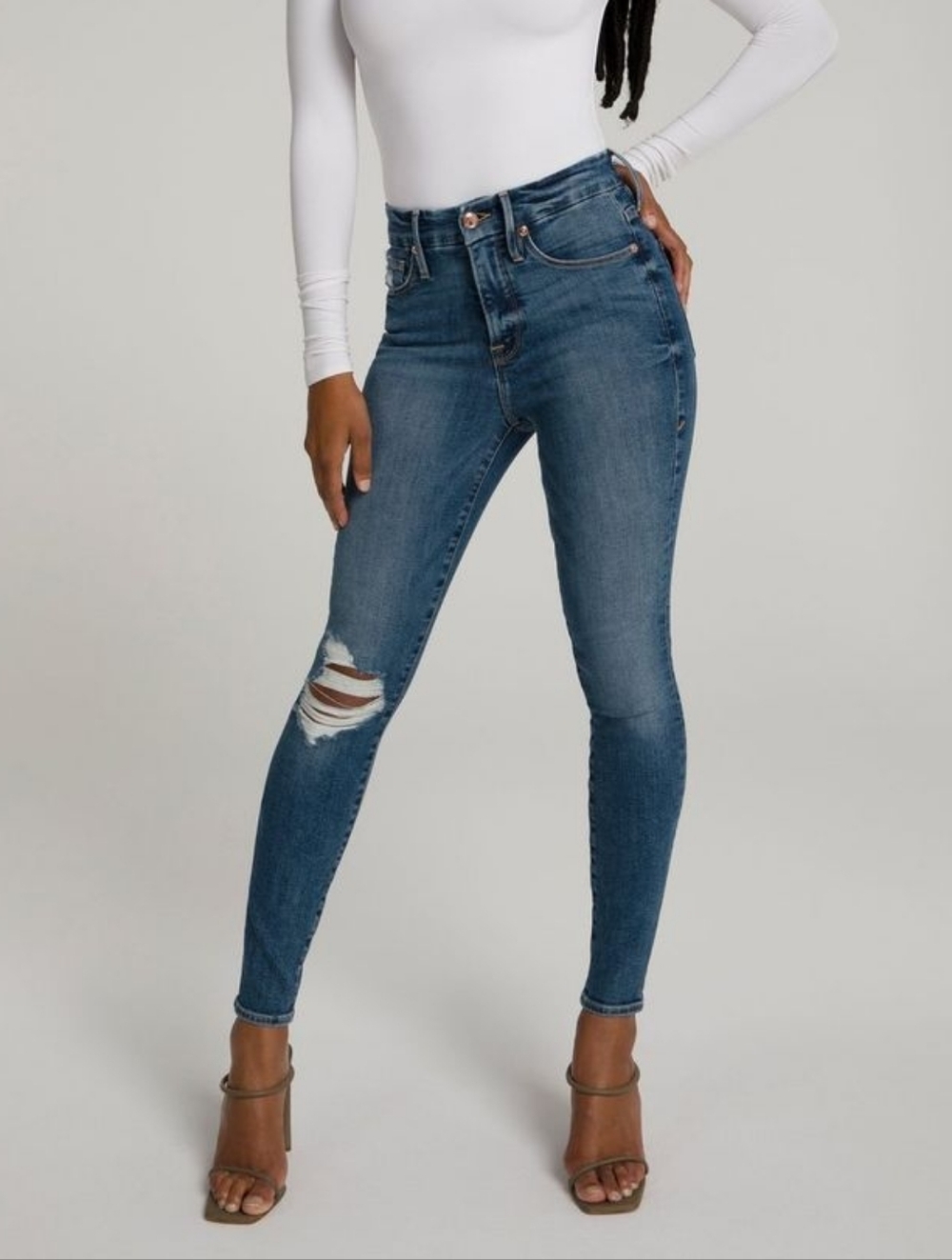 Good American Good Waist Blue High Rise Distressed Skinny Jeans